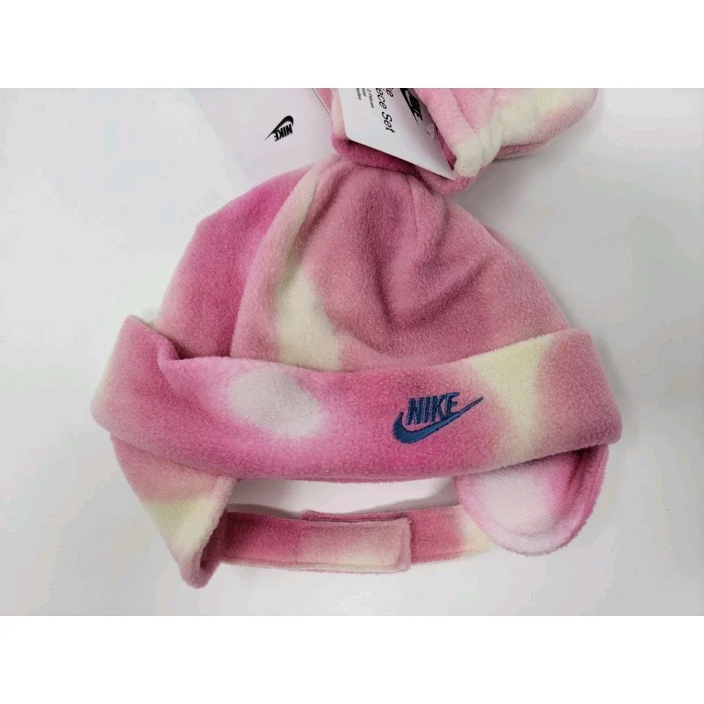 NWT Nike Fleece Trapper Style Hat Mittens Set Baby  12-24mth Pink Tie Dye Swoosh